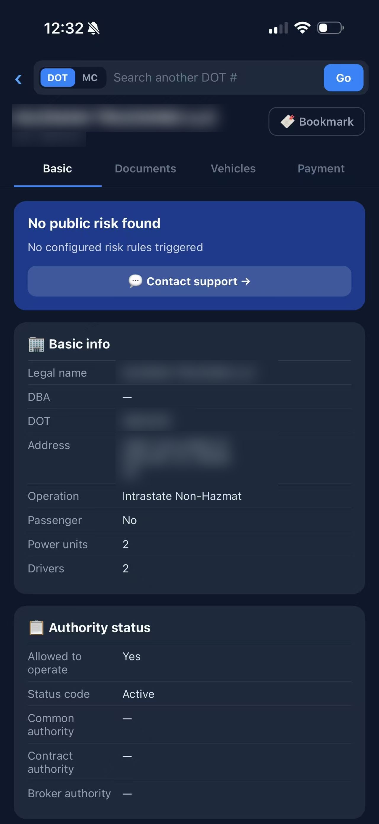 FleetScan basic carrier info — FMCSA SAFER data with public risk flags (sensitive fields redacted for demo)
