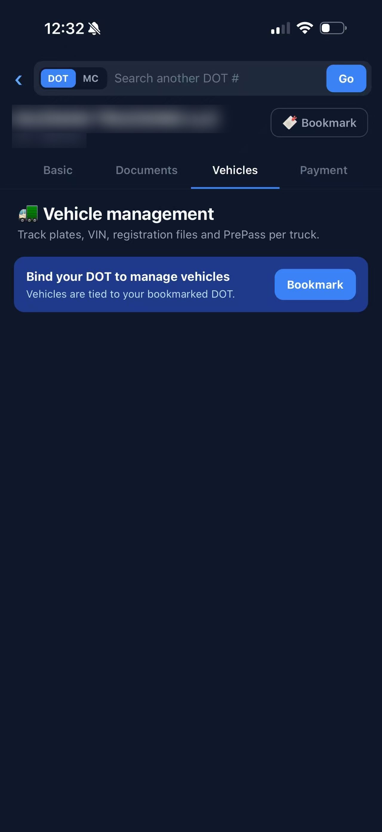 Vehicle management — plates, VIN, registration, PrePass per truck
