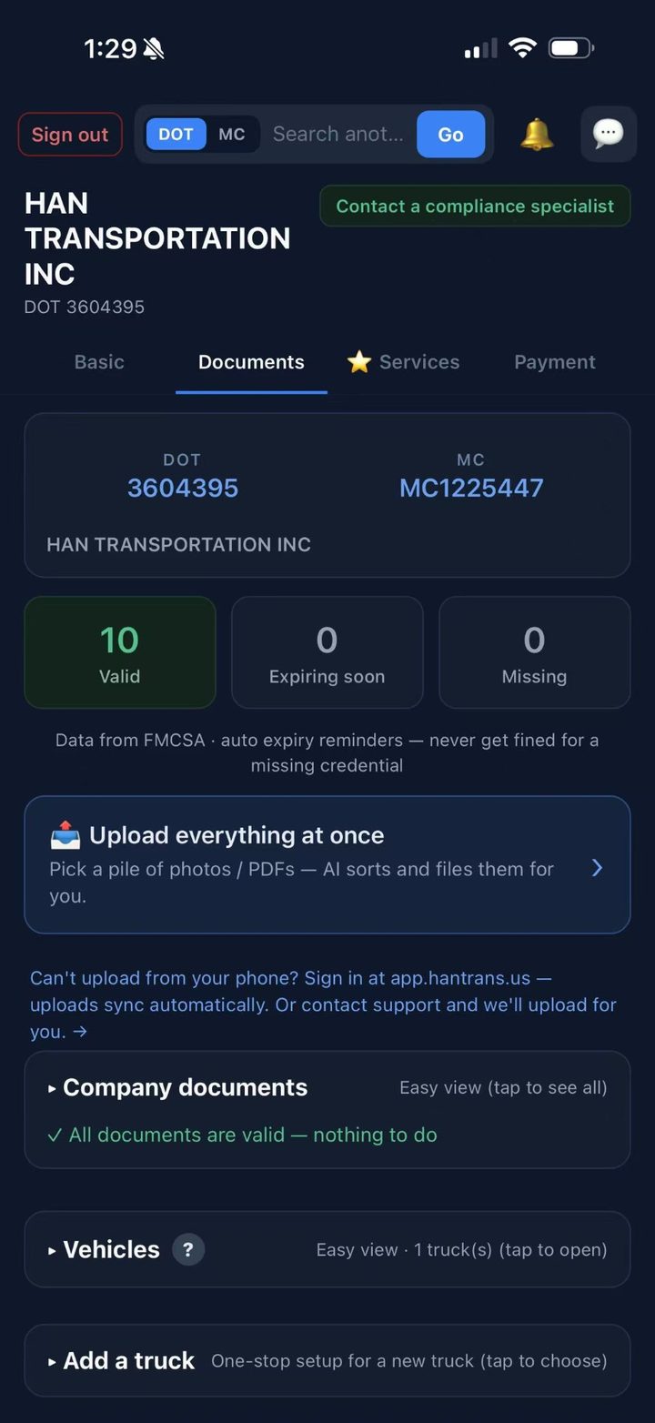 FleetScan documents overview - compliance summary and one-tap AI upload