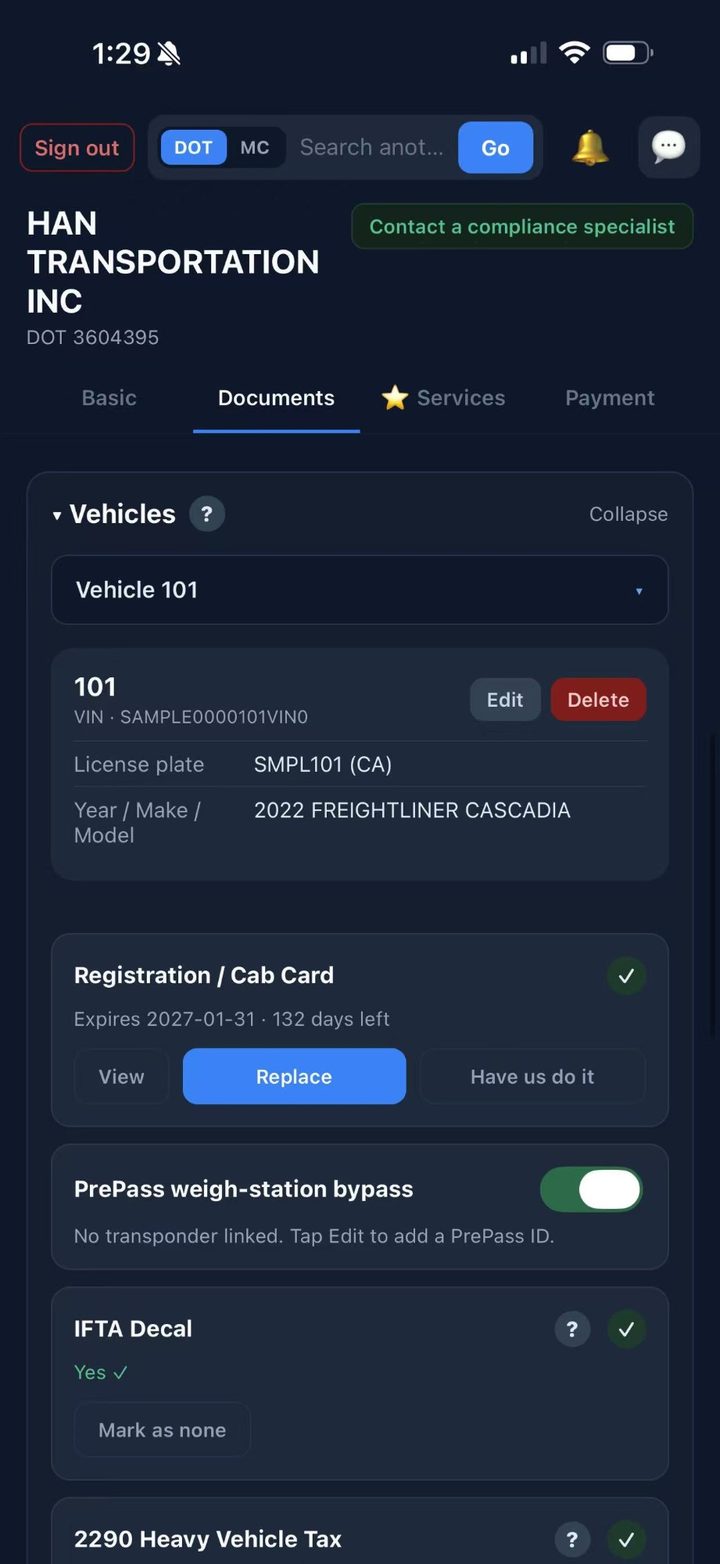 Per-truck compliance